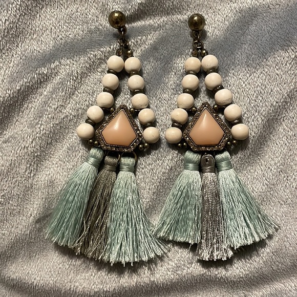 White, pink and teal tassel statement earrings - Picture 3 of 7